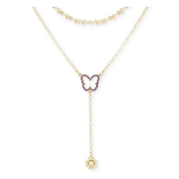 Guess Butterfly Tanzanite Crystal Necklace Layered 2 Piece Set, Gold Tone NEW - Picture 1 of 10
